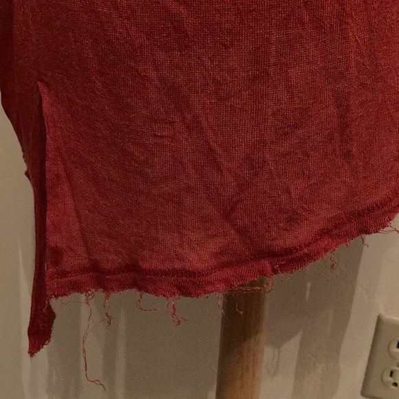 Red sheer-ish knit tunic with asym scraggly hem bohemian style deep scoop neck. - Picture 8 of 10